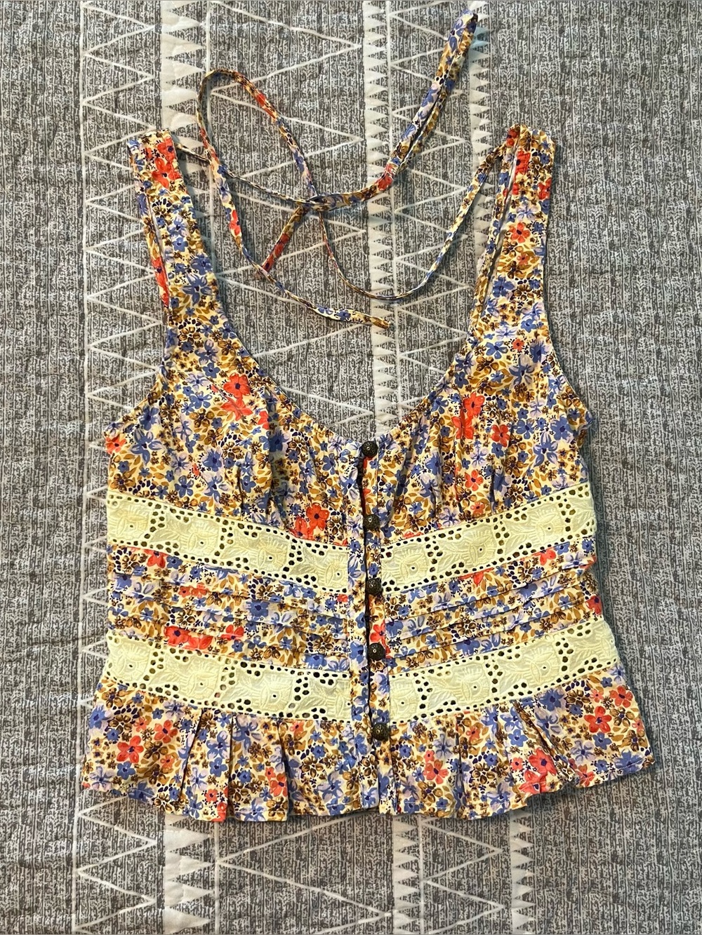 Free People Floral Eyelet Smocked Crop Top Button Front XS Cotton
